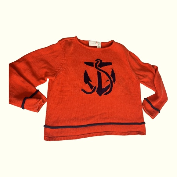 Liz Claiborne Nautical Knit Sweater VTG 100% Cotton Orange and Blue Anchor - Picture 1 of 10